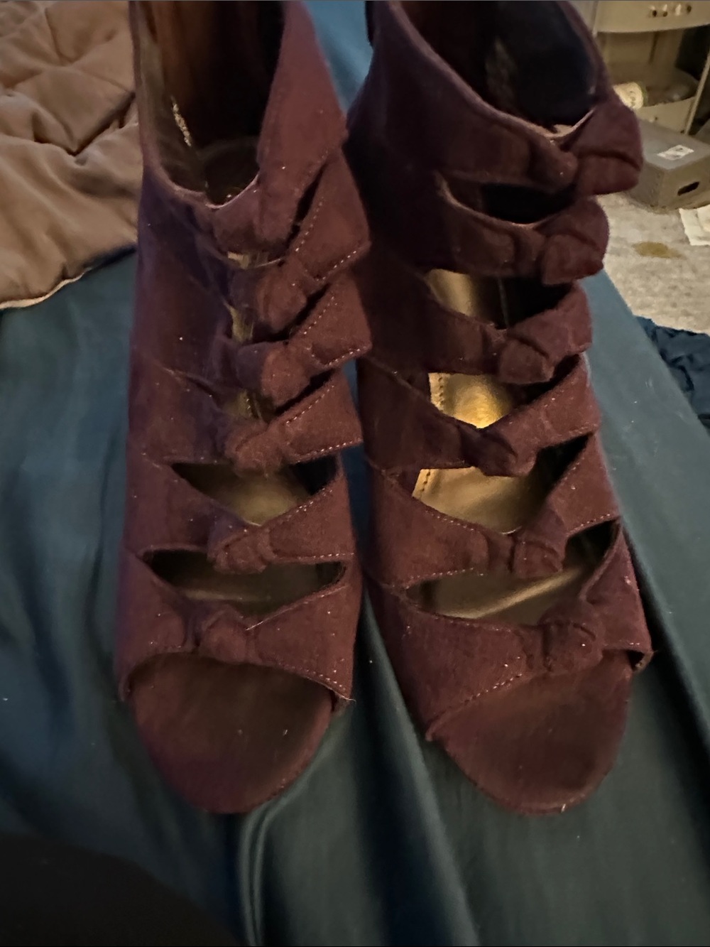 Knot-Strap Open-Toe Heels in Deep Plum